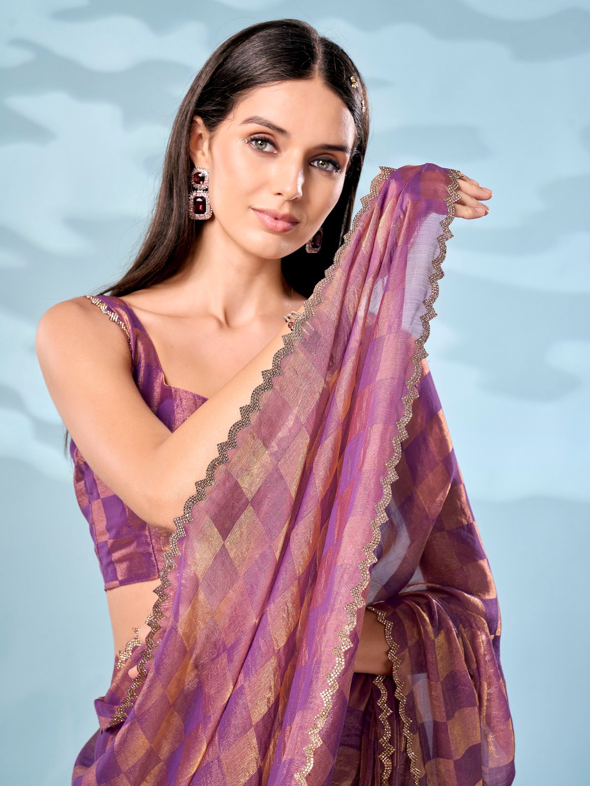 Checks pattern two tone purple & golden colored designer saree with swaroski border